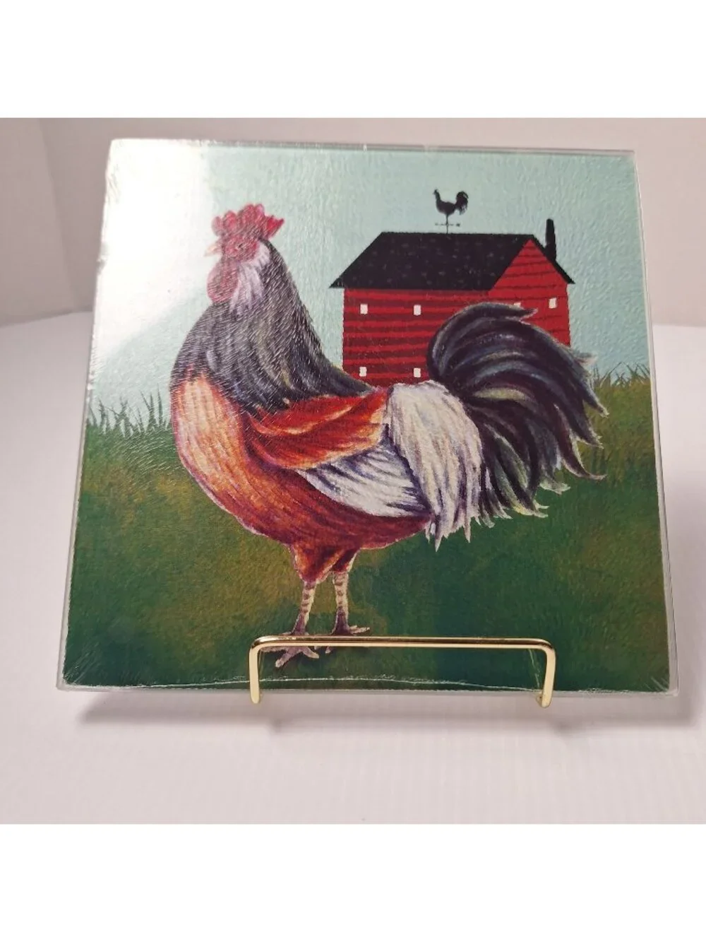 SQUARE TEMPERED TEXTURED GLASS CUTTING BOARD ROOSTER BARN NON-SLIP SILICONE FEET